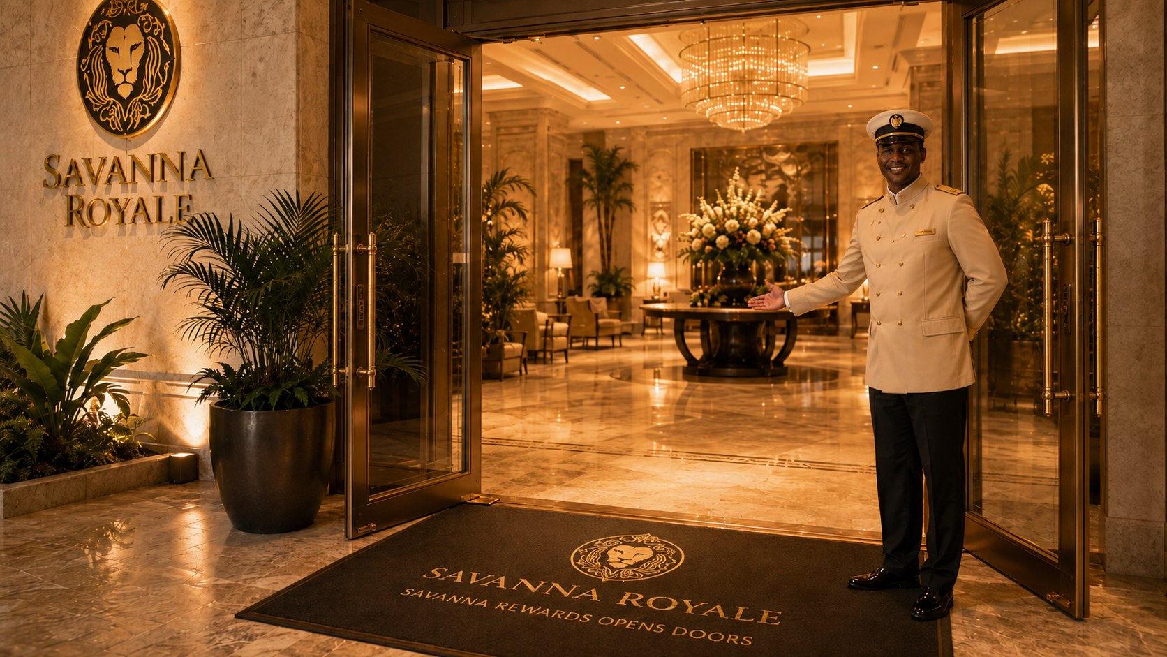 Savanna Royale entrance with an attendant welcoming guests