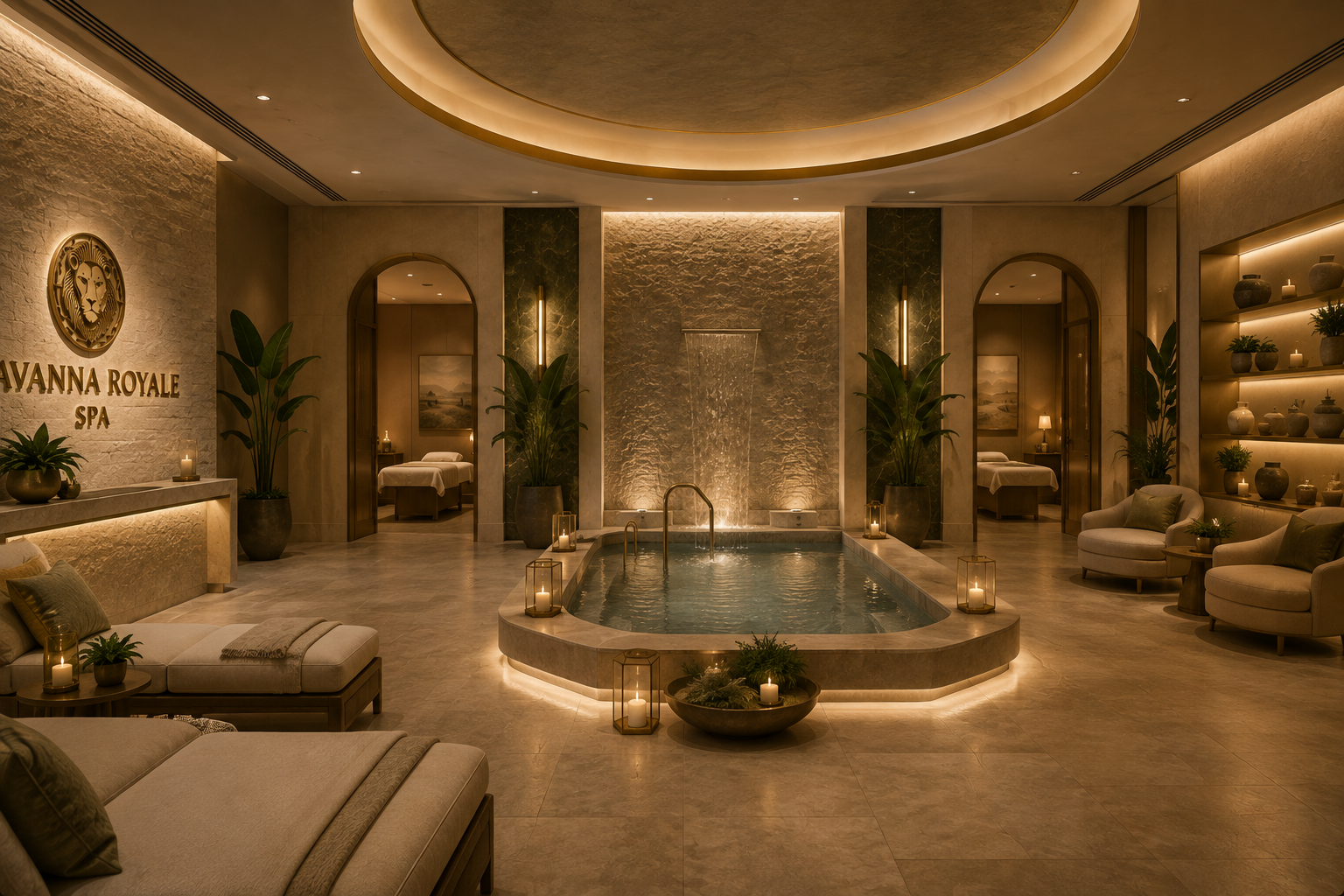 Savanna Royale Spa interior with a warm limestone pool, candlelight, and treatment rooms